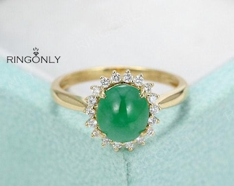 Classic Oval Jade & Diamond Halo Engagement Ring, Delicate Solitaire Band, Timeless Bridal Promise Ring