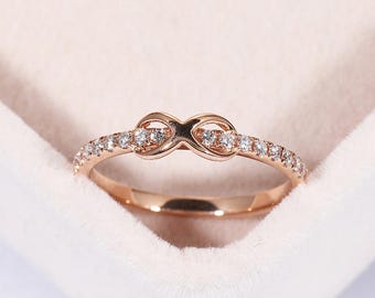 Rose gold ring Diamond Wedding band Infinity ring Women Unique Jewelry Half eternity Micro pave Promise Stackable Matching Anniversary gift