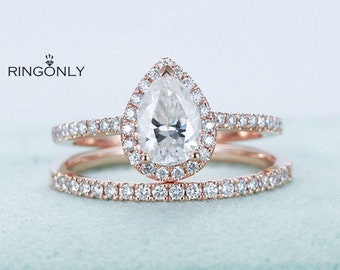 Rose gold engagement ring set with pear shaped moissanite and diamonds Wedding band for women Halo set Micro pave Half eternity Gift for her