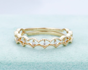 Art deco Vintage Wedding band,yellow gold band,Diamond Milgrain band,Unique Double ring,Half eternity Promise Stacking Anniversary ring