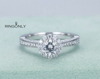 Unique Moissanite engagement ring Antique women halo 14k gold Ring Vintage White Gold Bridal Ring Unique Micro pave Jewelry Promise ring