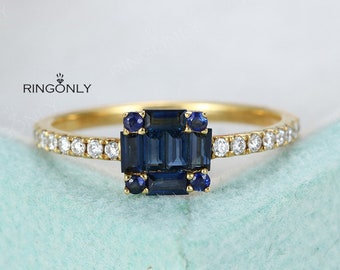 Baguette Sapphire ring Women Wedding Diamond Cluster Unique Anniversary Delicate Half eternity Micro pave Matching Alternative