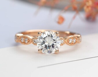 Moissanite Engagement Ring Vintage Engagement Ring Rose gold Women Wedding Antique Art deco Milgrain Diamond Bridal Jewelry Anniversary Gift