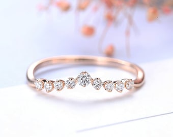 Art Deco Antique Diamond Wedding Band Rose Gold Curved Stacking Unique Women Chevron Unique Matching Promise Minimalist Anniversary Gifts