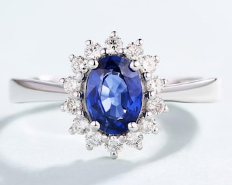 Vintage Oval Sapphire Engagement Ring, Diamond Halo Cocktail Band, September Birthstone Gift for her
