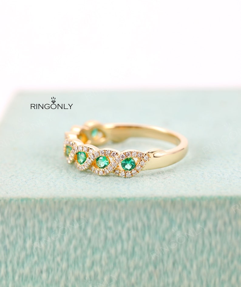 Vintage Emerald wedding band women yellow gold art deco ring Half eternity wedding band Twisted moissanite pave ring Anniversary bridal ring image 8
