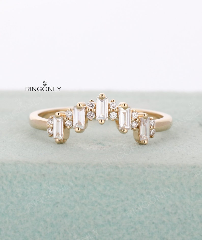 Curved wedding band Baguette diamond CZ ring Rose gold prong set ring Chevron ring Matching band Five stones ring Bridal anniversary ring image 1