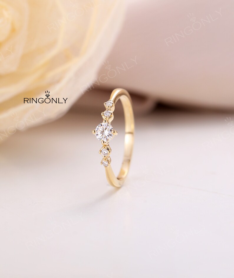 Natural diamond engagement ring Simple yellow gold ring Round shaped prong set ring Diamond moissanite ring Minimalist anniversary ring image 2