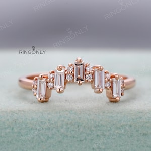 Art Deco Baguette Moissanite Wedding ring, Five Stones Chevron Matching band, Bridal Anniversary Gift image 10