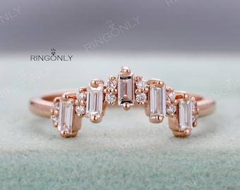 Art Deco Baguette Moissanite Wedding ring, Five stones Chevron Matching band, Bridal anniversary Gift