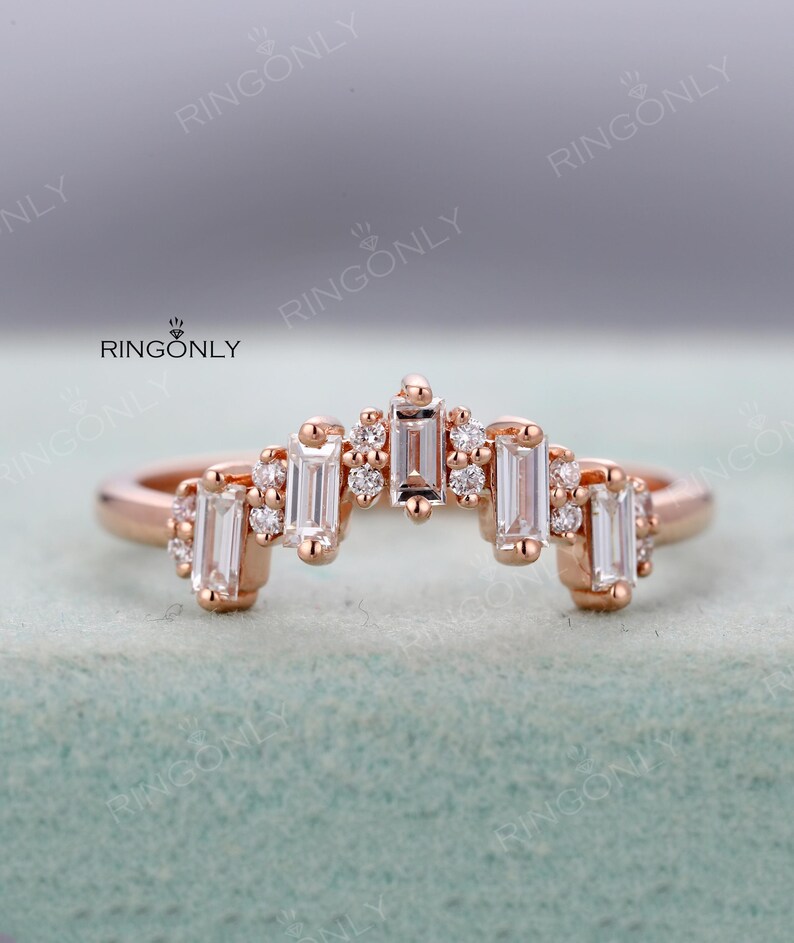Art Deco Baguette Moissanite Wedding ring, Five Stones Chevron Matching band, Bridal Anniversary Gift image 10