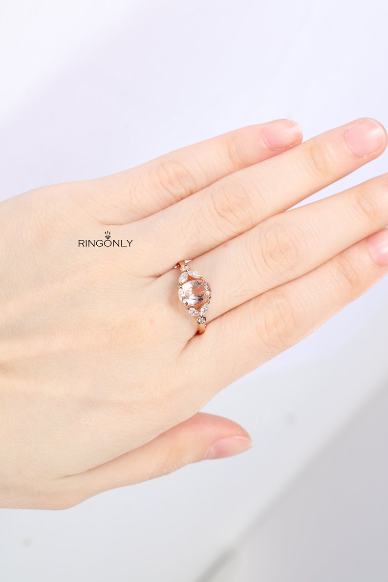 Vintage morganite engagement ring Oval cut prong set ring Unique rose gold ring Marquise & round cut moissanite diamond ring Bridal ring image 3