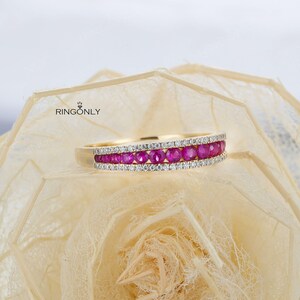 Vintage Peach Pink Sapphire wedding band, Dainty Half Eternity Moissanite ring,Unique Matching Wedding Ring,Promise Anniversary Gift for her image 3