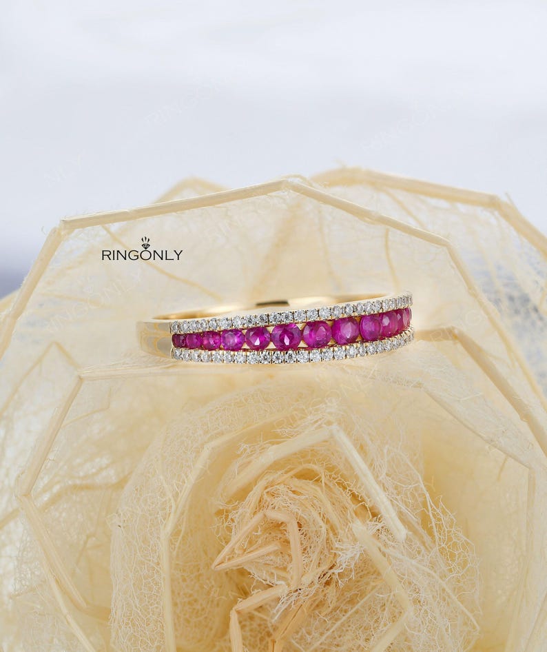 Vintage Peach Pink Sapphire wedding band, Dainty Half Eternity Moissanite ring,Unique Matching Wedding Ring,Promise Anniversary Gift for her image 3