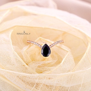 Schwarzer Onyx Ring Einzigartige birnenförmige Verlobungsring Rosegold Pear Cut Halbe Ewigkeit Band Jahrestag Stapeln Versprechen Ring Vintage Geschenk