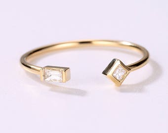 Dainty diamond ring 14K Gold Open Delicate Simple Thin Petite Princess cut Baguette wedding band women Stacking matching band Unique Promise