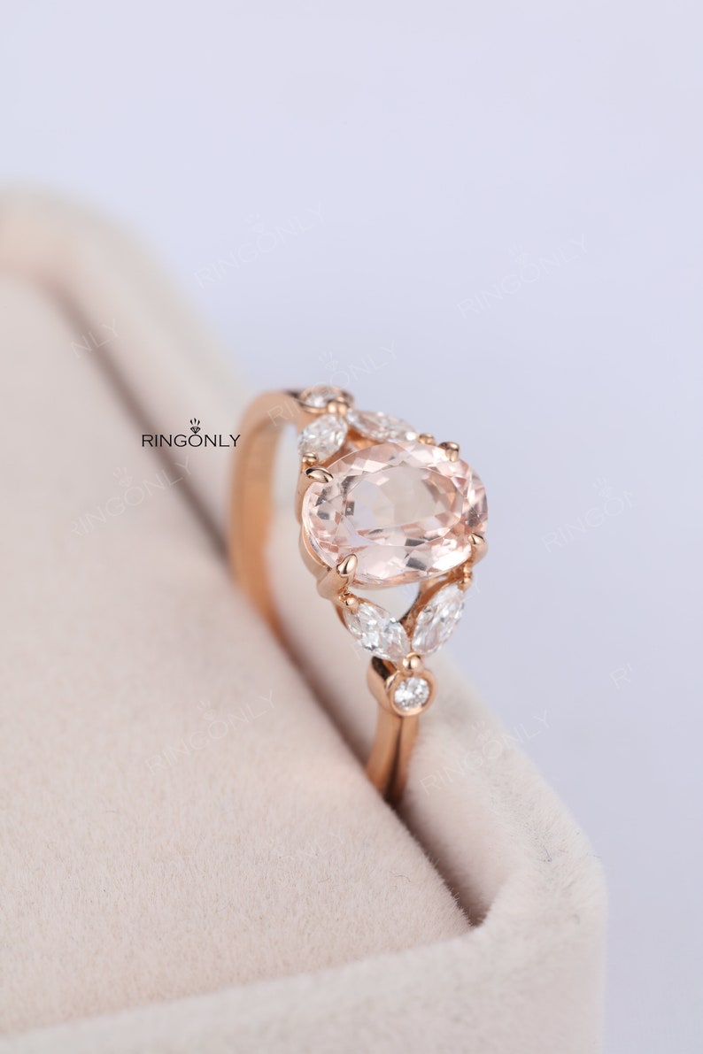 Vintage morganite engagement ring Oval cut prong set ring Unique rose gold ring Marquise & round cut moissanite diamond ring Bridal ring image 2