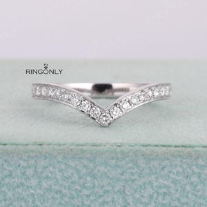 Unique Curved wedding band Diamond ring 14K White Gold Chevron Half Eternity Band Stacking Bridal Ring Set Micro Pave Promise Matching band