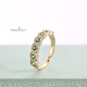Vintage natuurlijke smaragdgroene trouwring, golvende verweven Halo Moissanite band, halve eeuwigheid band vrouwen afbeelding 11