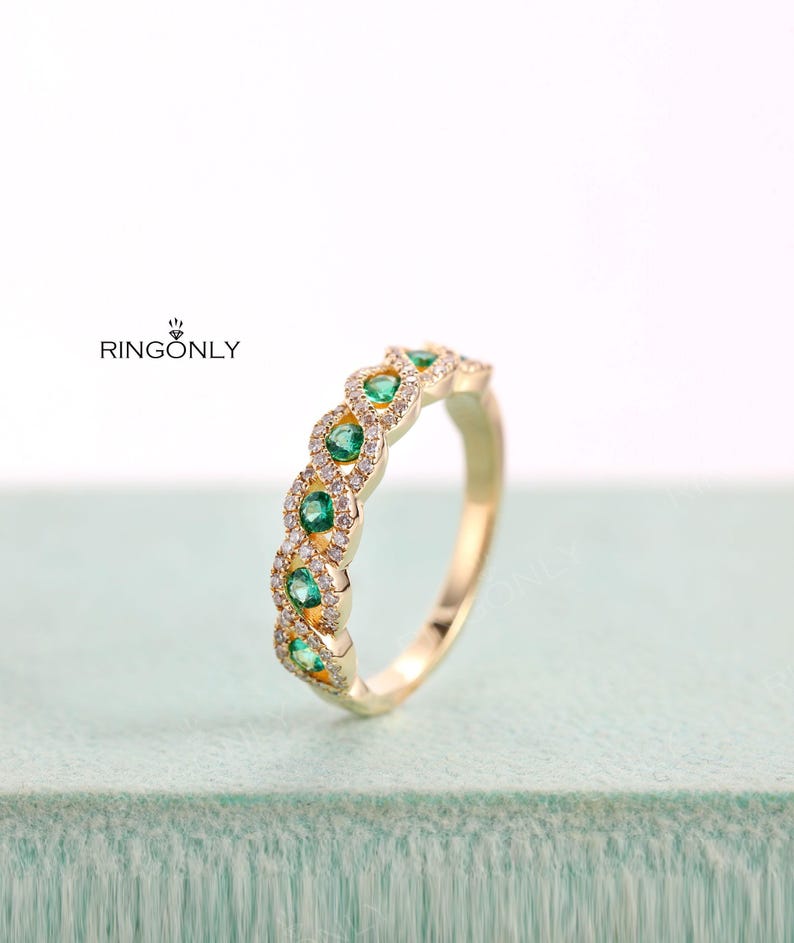 Vintage natuurlijke smaragdgroene trouwring, golvende verweven Halo Moissanite band, halve eeuwigheid band vrouwen afbeelding 11