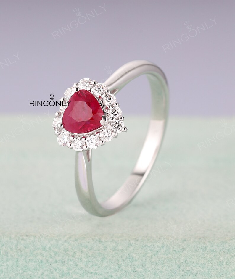 Heart Shaped Ruby Engagement Ring in White Goldhalo Diamond | Etsy