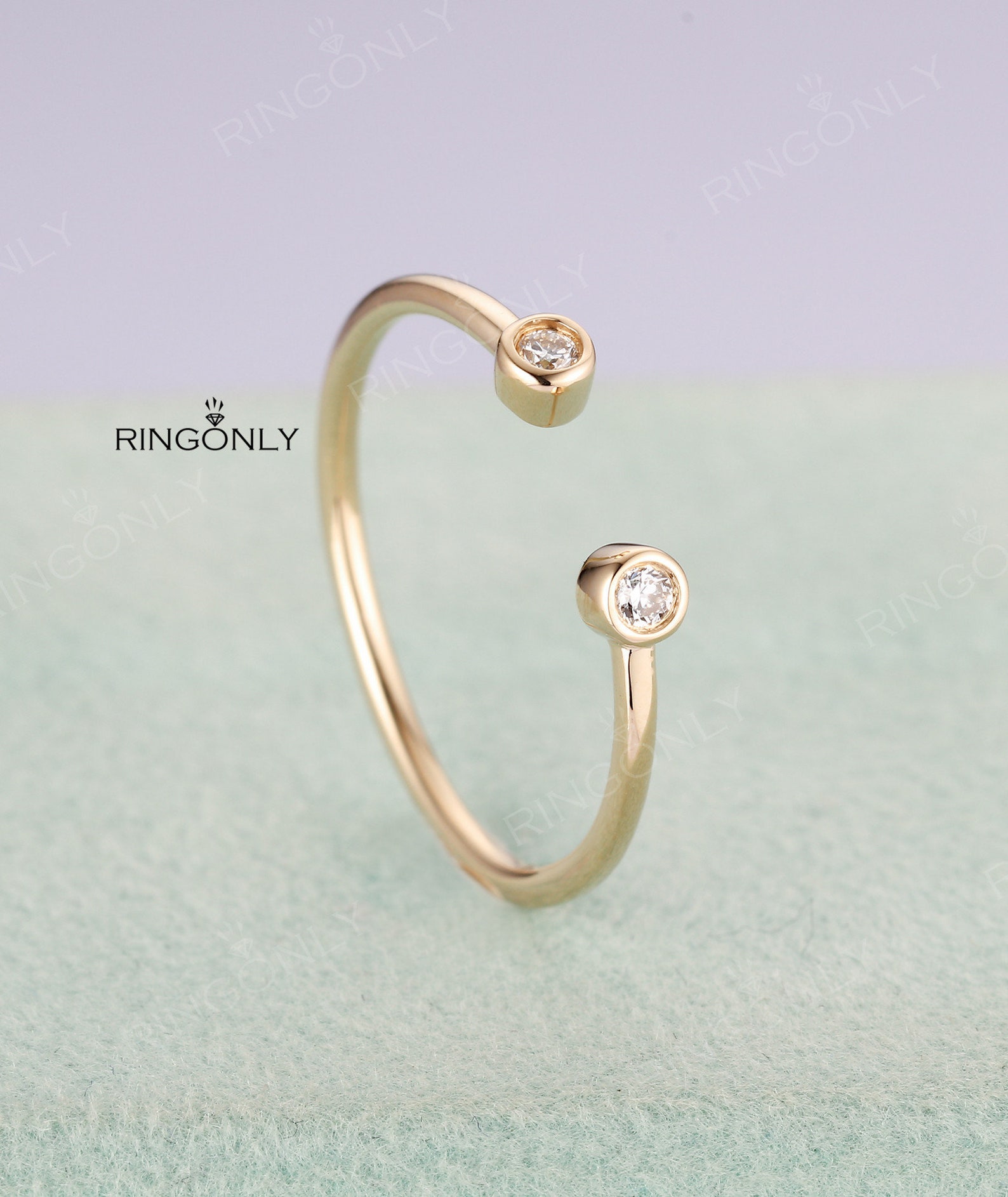 Open Diamond Wedding Band Bezel Set Simple Diamond Ring 14K Solid Gold ...