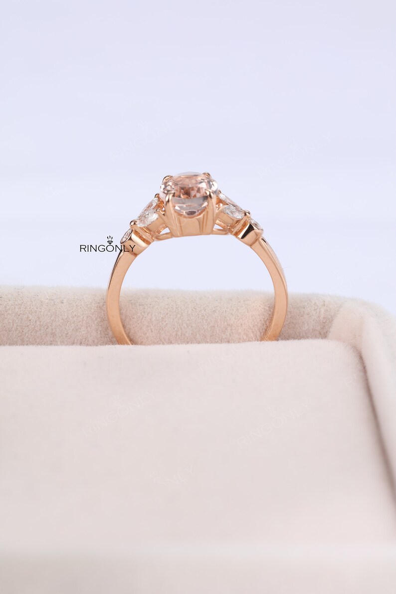 Vintage morganite engagement ring Oval cut prong set ring Unique rose gold ring Marquise & round cut moissanite diamond ring Bridal ring image 7