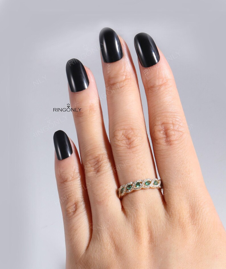 Vintage natuurlijke smaragdgroene trouwring, golvende verweven Halo Moissanite band, halve eeuwigheid band vrouwen afbeelding 13