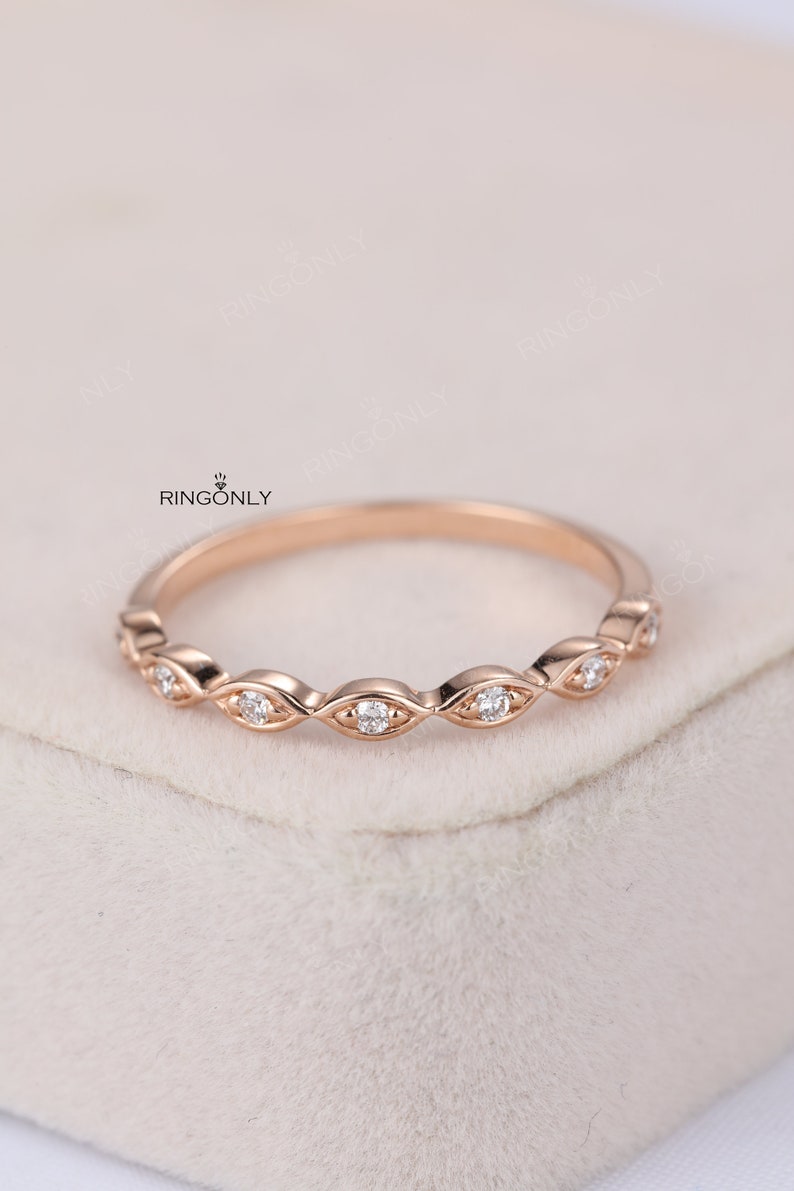 Rose Gold Wedding Band Women Antique Art Deco Diamond