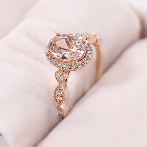 Delicate Oval morganite engagement ring - diamond Halo ring, 14K Rose gold ring, Vintage Milgrain ring Moissanite Anniversary Promise ring