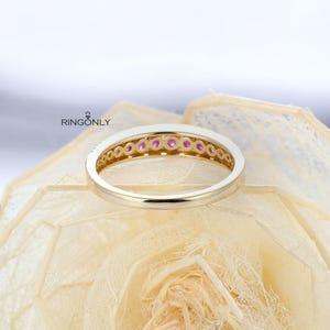Vintage Peach Pink Sapphire wedding band, Dainty Half Eternity Moissanite ring,Unique Matching Wedding Ring,Promise Anniversary Gift for her image 5