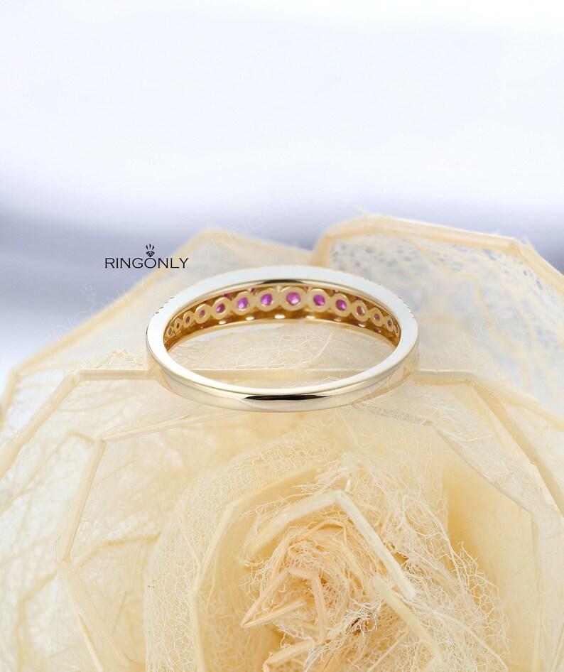 Vintage Peach Pink Sapphire wedding band, Dainty Half Eternity Moissanite ring,Unique Matching Wedding Ring,Promise Anniversary Gift for her image 5