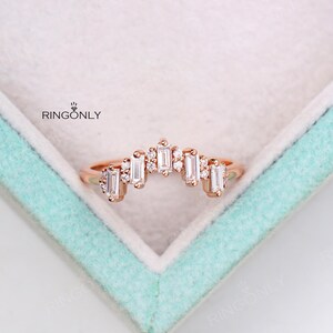 Art Deco Baguette Moissanite Wedding ring, Five Stones Chevron Matching band, Bridal Anniversary Gift image 11
