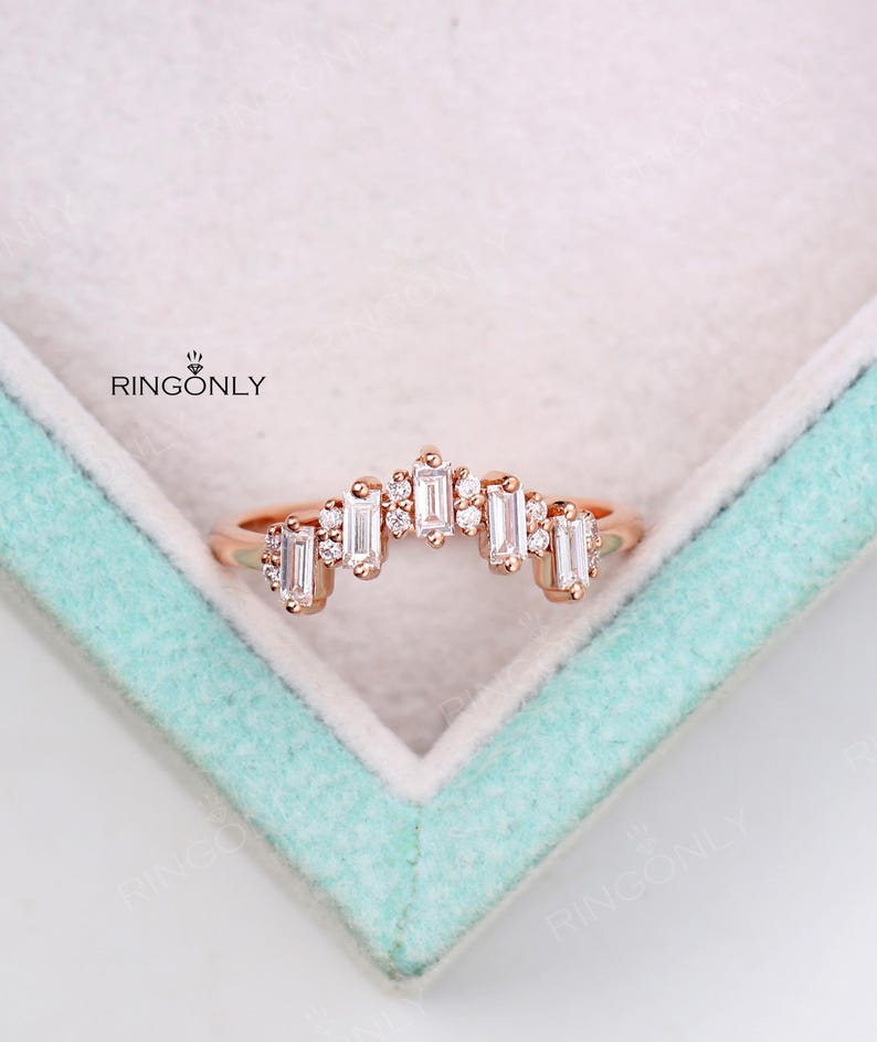 Art Deco Baguette Moissanite Wedding ring, Five Stones Chevron Matching band, Bridal Anniversary Gift image 11