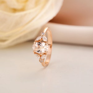 Vintage morganite engagement ring Oval cut prong set ring Unique rose gold ring Marquise & round cut moissanite diamond ring Bridal ring image 1