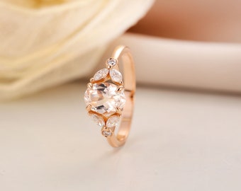 Vintage morganite engagement ring  Oval cut prong set ring Unique rose gold ring Marquise & round cut moissanite diamond ring Bridal ring