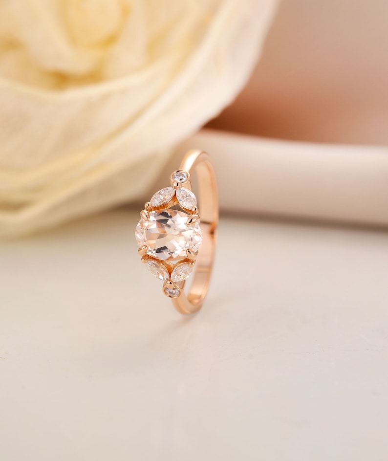 Vintage morganite engagement ring Oval cut prong set ring Unique rose gold ring Marquise & round cut moissanite diamond ring Bridal ring image 1