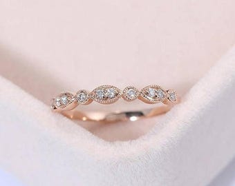 Rose gold wedding band Unique milgrain ring Prong set ring Round cut diamond moissanite ring Matching band Bridal ring Anniversary ring