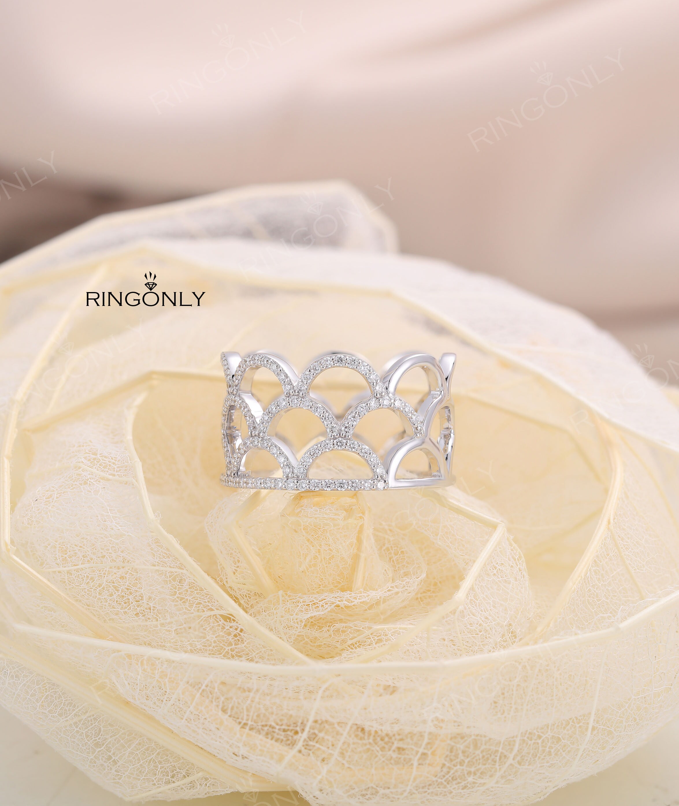 Crown Mermaid Ring Scale Wave Women Net Statement Modern Unique Geometric Fashion Alternative White Gold Micro Pave Anniversary Gift For Her
