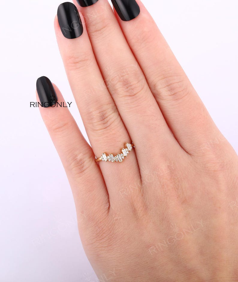 Art Deco Baguette Moissanite Wedding ring, Five Stones Chevron Matching band, Bridal Anniversary Gift image 15