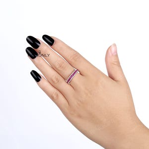 Vintage Peach Pink Sapphire wedding band, Dainty Half Eternity Moissanite ring,Unique Matching Wedding Ring,Promise Anniversary Gift for her image 4