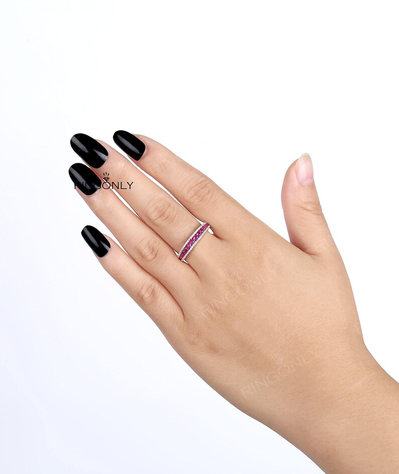 Vintage Peach Pink Sapphire wedding band, Dainty Half Eternity Moissanite ring,Unique Matching Wedding Ring,Promise Anniversary Gift for her image 4