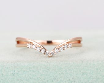 Diamond wedding band Women Curved Chevron Half eternity Micro Pave Unique Matching Stacking Bridal ring Jewelry Anniversary