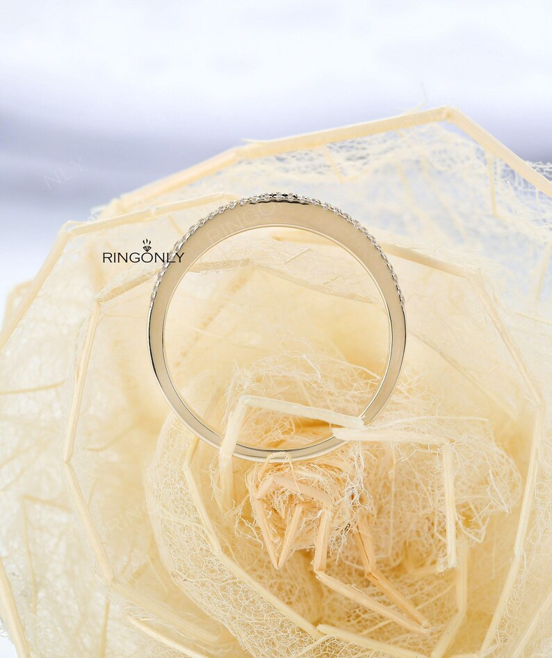 Vintage Peach Pink Sapphire wedding band, Dainty Half Eternity Moissanite ring,Unique Matching Wedding Ring,Promise Anniversary Gift for her image 6