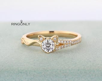 Vintage Moissanite engagement ring,Art deco yellow gold ring, animal cat shaped ring, diamond ring,unique bridal ring anniversary ring