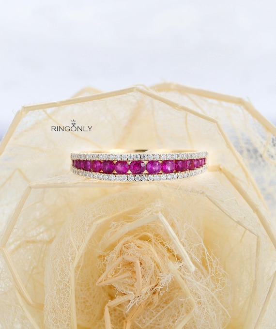 Peach Pink Sapphire wedding band women Half Eternity Band Dainty Micro pave Delicate Diamond ring Stacking promise Anniversary Matching band