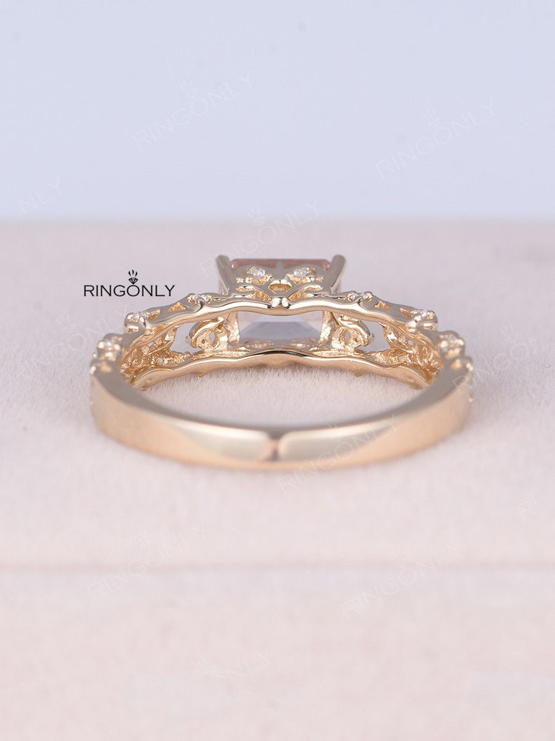 Morganite Engagement Ring Vintage Emerald Cut Art Deco Engagement ring Antique Cluster Diamond wedding women Delicate Promise anniversary image 4