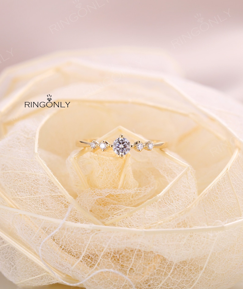 Natural diamond engagement ring Simple yellow gold ring Round shaped prong set ring Diamond moissanite ring Minimalist anniversary ring image 1