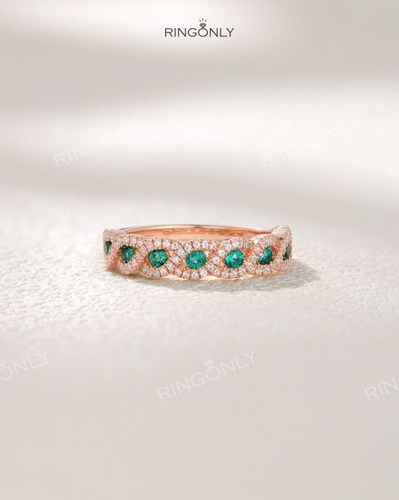 Vintage Natural Emerald Wedding Ring, Wavy Intertwined Halo Moissanite Band, Half Eternity Band Women