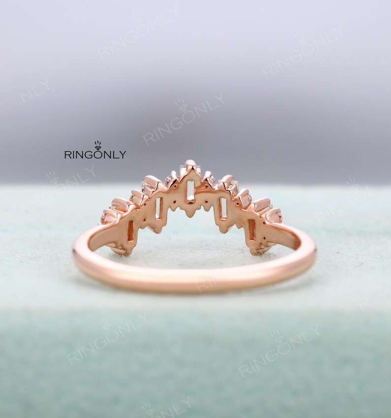 Art Deco Baguette Moissanite Wedding ring, Five Stones Chevron Matching band, Bridal Anniversary Gift image 13